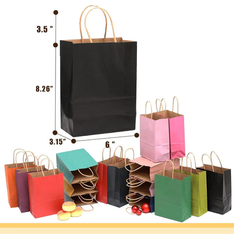 Colorful 32 Pack Paper Bags With Handles Bulk 8.26x6x3.15 Inch Small Gift Bags Rainbow Color Set displayed with size details