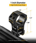 Two-Piece 1 Inch Dovetail Scope Rings Mount With See Through Base For Eleven Millimeter Or Three-Eighths Inch Dovetail Rails High-Profile Rifle Scope Mount Rock-Solid Fit, showing dimensions and mounting details.