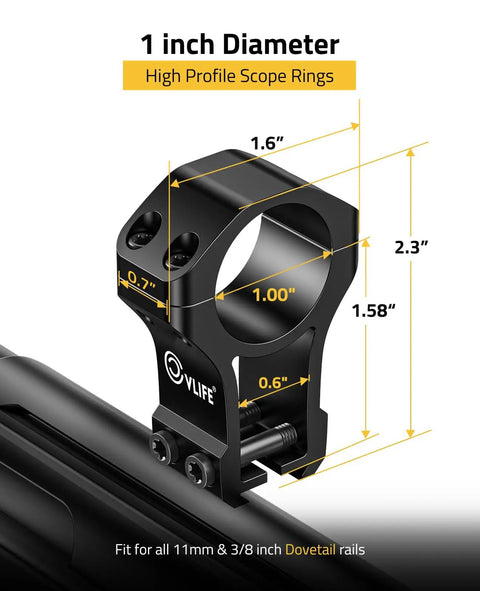 Two-Piece 1 Inch Dovetail Scope Rings Mount With See Through Base For Eleven Millimeter Or Three-Eighths Inch Dovetail Rails High-Profile Rifle Scope Mount Rock-Solid Fit, showing dimensions and mounting details.
