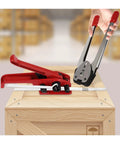 Heavy Duty Manual Strapping Machine Kit With Tensioner And Sealer For Secure Pallet Wrapping, red strapping tools on wooden crate.