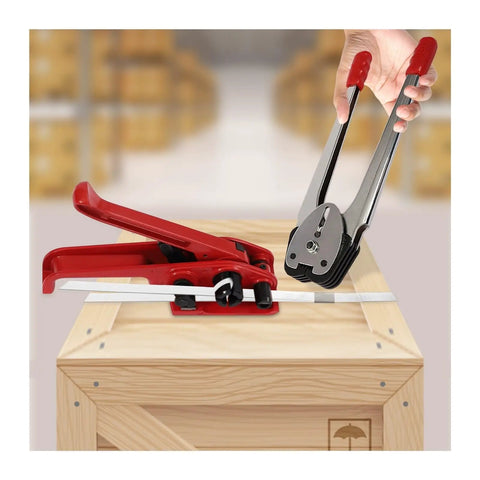 Heavy Duty Manual Strapping Machine Kit With Tensioner And Sealer For Secure Pallet Wrapping, red strapping tools on wooden crate.