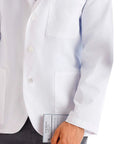 Close-up of Men's 30 Inch Consultation Lab Coat White 2XL With Flattering Fit, buttoned front, visible front pockets, white fabric.