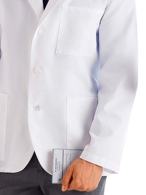 Close-up of Men's 30 Inch Consultation Lab Coat White 2XL With Flattering Fit, buttoned front, visible front pockets, white fabric.