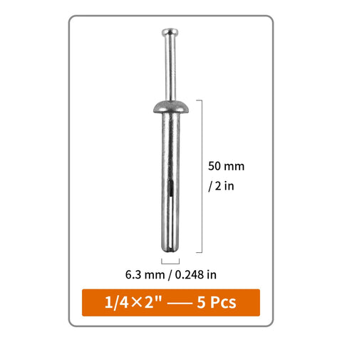 Front view of Quarter Inch By Two Inch Hammer Drive Nail In Anchors 30 Pack For Cement Walls Concrete Brick Block Zinc Plated