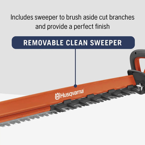 Hedge Master 320iHD60 Cordless Hedge Trimmer Kit with 24 inch blade showing removable clean sweeper feature