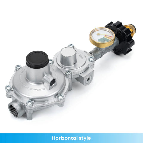 Side view: Stanbroil horizontal two-stage propane regulator with gauge, 3/8 in NPT and P.O.L connection