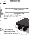 Ultra Slim Self Cleaning Dual Nozzle Bidet Attachment accessories including metal hoses and connectors, cold and hot water labels.