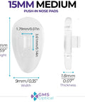 Quality Silicone Nose Pads For Glasses Replacement Teardrop Medium 15mm Push In Mount showing dimensions and smooth design.