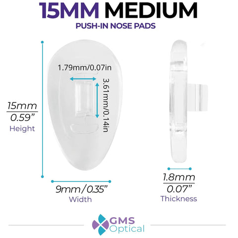 Quality Silicone Nose Pads For Glasses Replacement Teardrop Medium 15mm Push In Mount showing dimensions and smooth design.