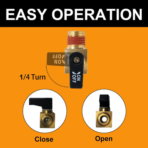 Easy operation of Must Have Durable Brass Drain Ball Valve For Air Compressor 1/4 Inch NPT Male Thread Replacement with open/close views