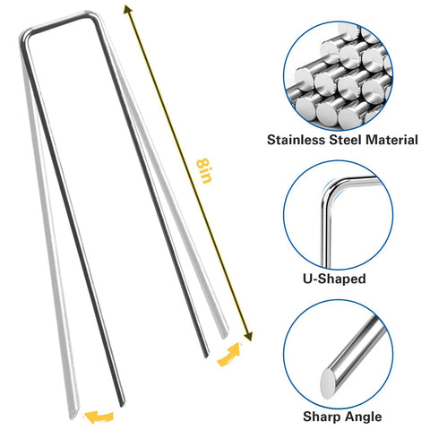 Heavy Duty 8 Inch Landscape Staples Made From 8 Gauge Galvanized Steel For Lawns, Weed Barriers, Landscape Fabric, Irrigation Hoses And Tent Pegs 125 Packs Of Rugged Rust Proof Stakes For Outdoor Use, showing U-shaped design and sharp angle.