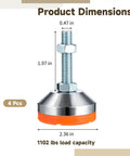 Heavy Duty M12 Adjustable Levelers 4 Pack With 2.36 In Anti Vibration Rubber Base dimensions shown