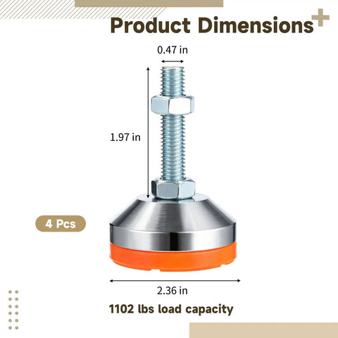 Heavy Duty M12 Adjustable Levelers 4 Pack With 2.36 In Anti Vibration Rubber Base dimensions shown