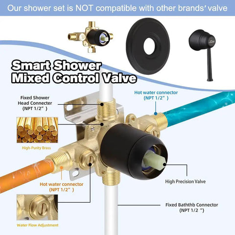 Matte Black Shower Faucet With Tub Spout 6 Spray Shower Head System Single Handle Trim Kit With Rough In Valve components