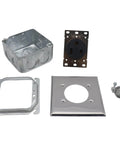 Heavy Duty Nema 6 50R Power Outlet For Welders And Home Workshops Featuring No Fuss Surface Flush Mounting Quick Install 50 Amp Electrical Socket Tough As Nails Galvanized Steel parts laid out showing outlet and mounting boxes.