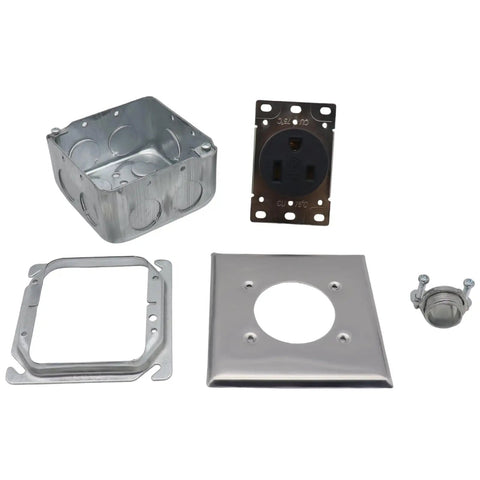 Heavy Duty Nema 6 50R Power Outlet For Welders And Home Workshops Featuring No Fuss Surface Flush Mounting Quick Install 50 Amp Electrical Socket Tough As Nails Galvanized Steel parts laid out showing outlet and mounting boxes.