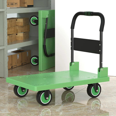 Green Folding Mobile Platform Trolley Heavy Duty Dolly Cart with thickened reinforced base and 360 degree swivel wheels, in storage position.