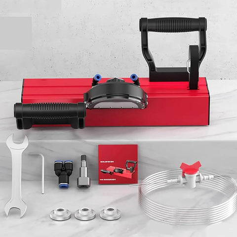 Badass Pro Level Electric Tile Chamfering Machine with tools and accessories on marble surface, designed for clean bevel cuts.