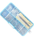 Self Repairing Glasses Kit Eyewear Maintenance Tool For Sunglasses And Eyeglasses DIY Ready Easy To Install Accessories For Quick Repairs Nose Pads And Replacement Parts in a sky-blue case showing screws and tools
