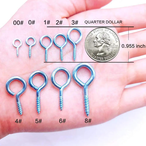 191 Piece Zinc Plated Screw Eyes Kit With 9 Sizes 0 To 8 Black Metal Eye Hooks shown on hand with quarter for size reference