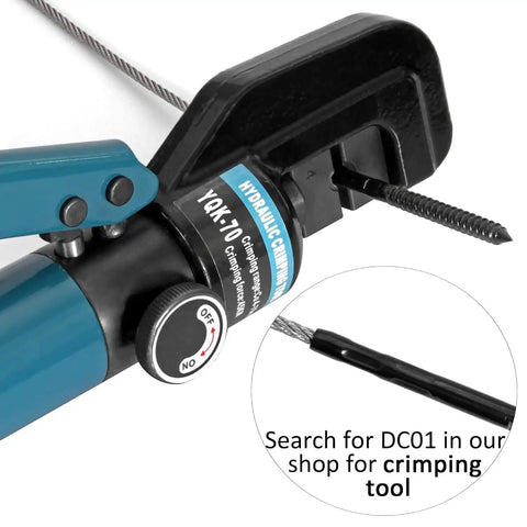 Close-up of hydraulic crimping tool with cable, Black T316 Stainless Steel Left And Right Hand Swage Lag Screws for Wood Posts