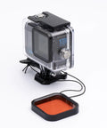 Waterproof Underwater Dive Housing Case With Bracket And Red Dive Filter For GoPro Hero 9 Through 13, shown with red filter detached.