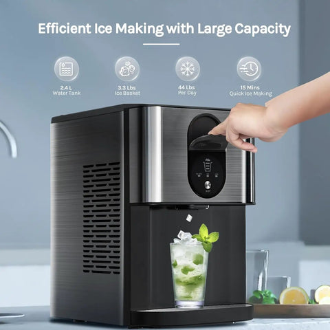 Party Ready Nugget Ice Maker For Countertop With 44 Lbs Per Day dispensing ice into glass