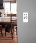 Two white replacement dimmer knobs on a wall plate for Lutron Skylark fan and light control