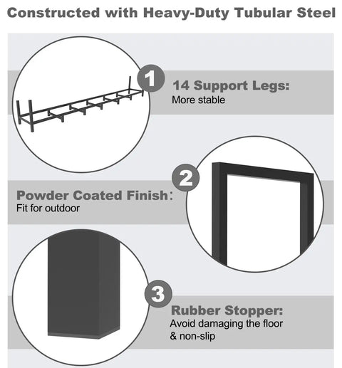 Infographic showing features of Eight Foot Outdoor Firewood Rack Holder With Fourteen Support Legs, powder-coated finish, rubber stoppers.