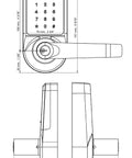 Technical drawing of a 5 In 1 Fingerprint Door Lock With Touchscreen Keypad No Key Needed For Home Office And Airbnb, Satin Nickel Finish.