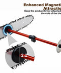 Close-up of Heavy Duty Telescopic Firewood Measuring Stick With Super Strong Magnets attached to chainsaw blade, showing firm grip and measurement.