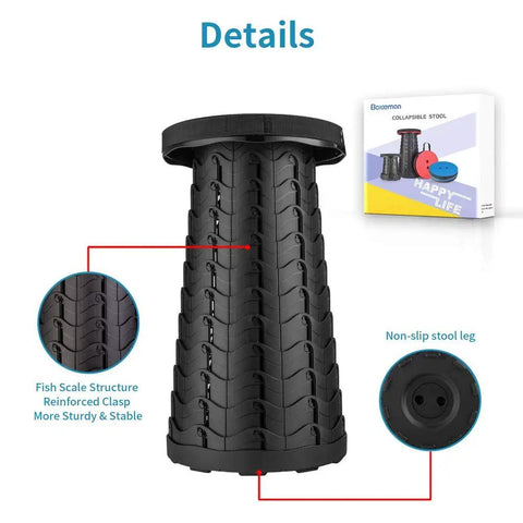 Heavy Duty Folding Stool Portable And Lightweight Yet Extra Sturdy With 400lbs Load Capacity For Camping Fishing Hiking BBQ Black Collapsible Seat Built For Outdoors, showing fish scale structure and non-slip leg detail