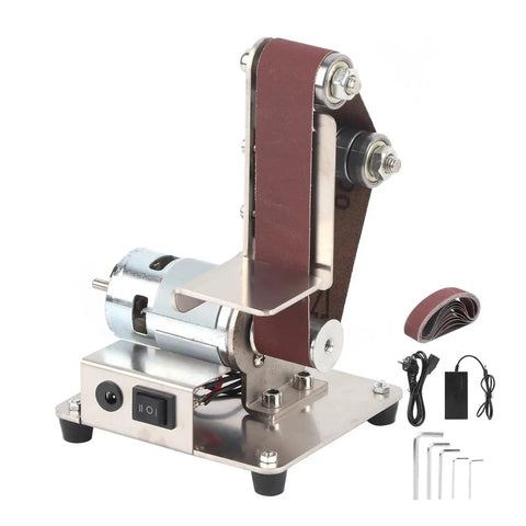 Torch Mini Electric Belt Sander Grinder Machine For Polishing And Smoothing Metal Or Wood Projects Compact Desktop Tool With Versatile Sanding And Wheel Modes For Home Workshop Use Stainless Steel Construction close-up of adjustable sanding belt and motor.