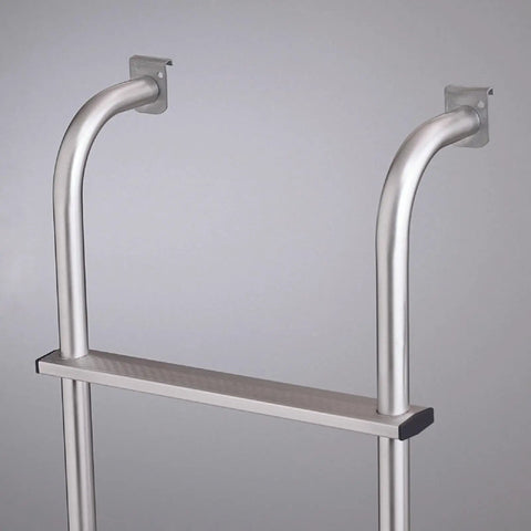 Hook Over Style Aluminum 4 Step Van Ladder For Ford E Series Vans 1980 To 2013 With Brite Dipped Polished Finish Heavy Gauge 1 Inch Tubing And Extra Thick Mounting Brackets For Strong Durable Safety Enhanced Access. Exterior mounted aluminum van ladder with hook-over brackets