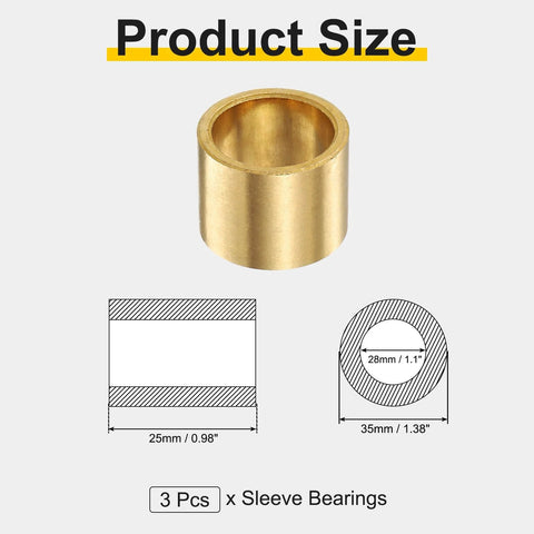 Three Pack Sleeve Bearings With 28Mm Bore 35Mm Outer Diameter And 25Mm Length Self Lubricating Sintered Bronze Bushings diagram
