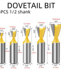 Top Shelf Five Piece Dovetail Router Bit Set 1/2 Inch Shank showing five carbide-tipped woodworking cutters.