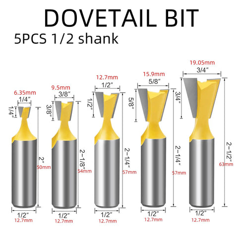 Top Shelf Five Piece Dovetail Router Bit Set 1/2 Inch Shank showing five carbide-tipped woodworking cutters.