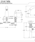 Technical diagram of 8 Inch Widespread Bathroom Faucet Brushed Nickel With Drip-Free Ceramic Disc Cartridge dimensions.