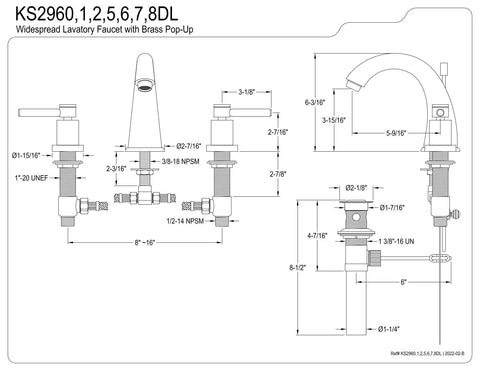 Technical diagram of 8 Inch Widespread Bathroom Faucet Brushed Nickel With Drip-Free Ceramic Disc Cartridge dimensions.