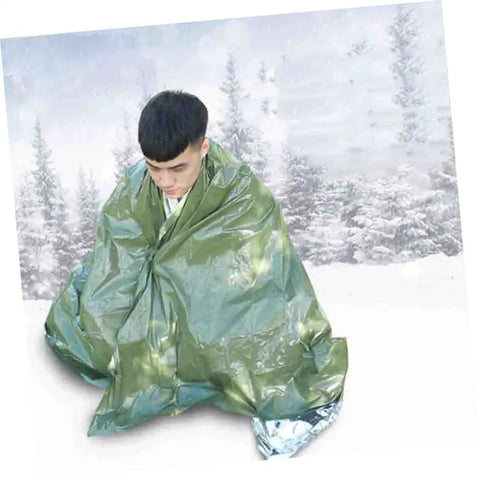 Person wrapped in reflective thermal blanket from Three Piece Camping Survival Kit With Reflective Thermal Emergency Blanket And First Aid Gear