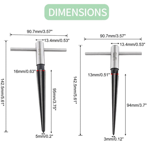 Dimensions of Pro Grade T Handle Tapered Reamer Set for Bridge Pin and End Pin Holes, 1 Eighth to 1 Half Inch and 3 Sixteenth to 5 Eighth Inch