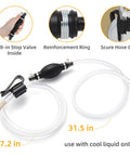 Gasoline siphon pump with two clear PVC hoses; hand-operated fuel transfer tool with built-in stop valve.
