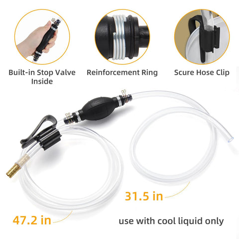 Gasoline siphon pump with two clear PVC hoses; hand-operated fuel transfer tool with built-in stop valve.