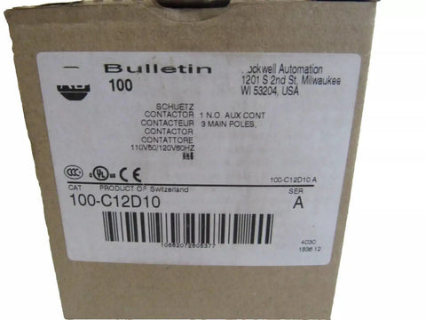 Packaging label of 100-C12D10 100-C IEC Contactor for industrial control panels with serial number and product details.