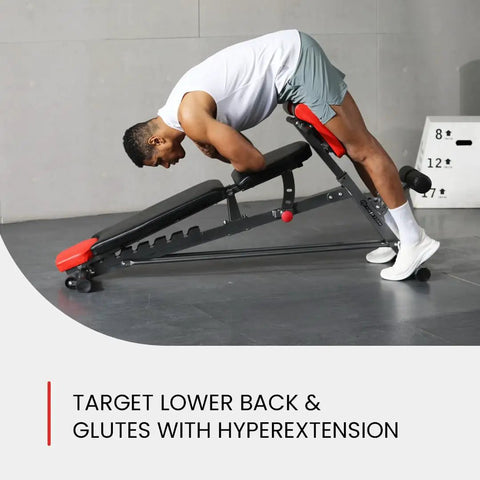 Person using All-In-One Weight Bench For Full-Body Home Gym With Hyper Back Extension for lower back exercise