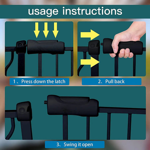 Usage instructions show latch opening on Narrow Baby Gate For Tight Doorways And Small Spaces Indoor Safety Gate Auto Close Design