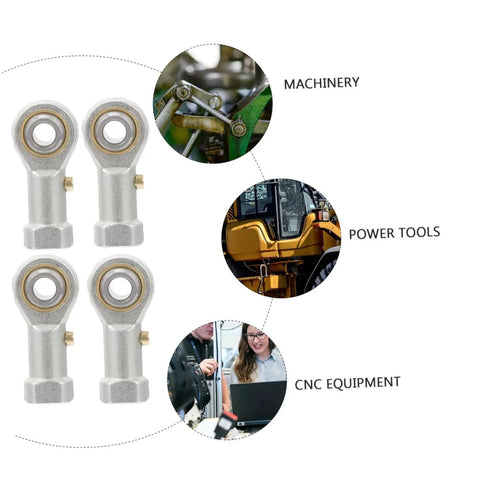 Heavy Duty Threaded Rod End Bearings 4 Pack With Bulletproof Spherical Plain Design For Plug And Play Mechanical Linkages and Rock Solid High Load Mounting Setup, showcasing four silver bearings.