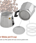 Your Go-To Gear Silicone Gasket And Aluminum Filter Set For Stovetop Espresso Makers 2/3/6/9/12 Cup Rubber Seal For Moka Pot Replacement Parts Easy Install Durable 9 Cup Compatibility Heat Resistant Stove Top Coffee Machine Accessories. Shown with 9-cup moka pot, aluminum filter, and silicone gaskets.