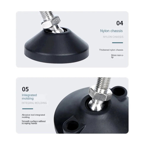 Close-up of nylon chassis on Thread Type Adjustable Leveling Feet With Swivel Base And Articulating Legs For Furniture Support, Fits M8 M10 M12