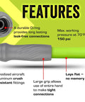 Features of the Top Tier 5 8 Inch By 75 Foot Garden Hose With Swivel Grip Connectors showing durable fittings and grip.